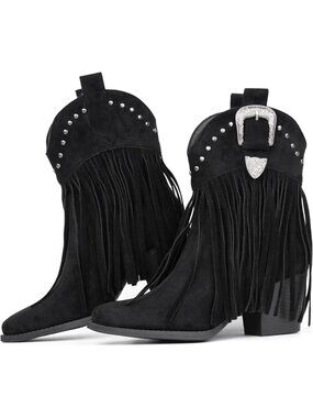 Women’s Black Fringe Cowboy Ankle Booties Snip Toe Western Cowgirl Pull On Boots